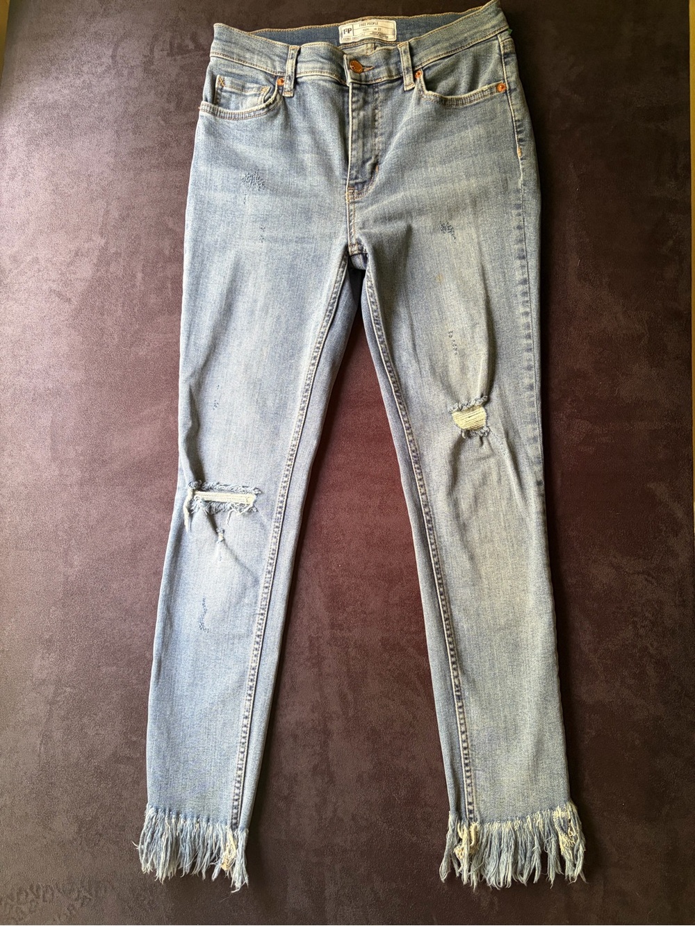 Free People Light Blue Distressed Skinny Jeans with Fringe Hem